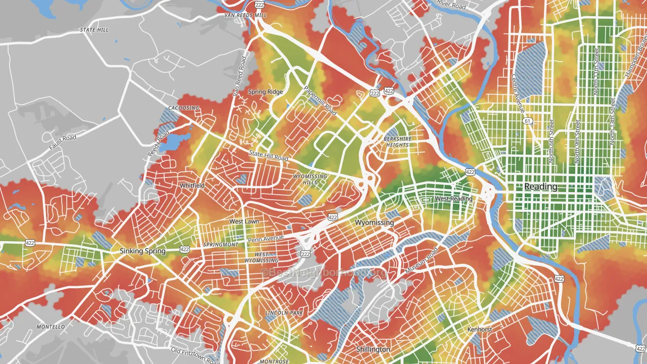 Walk Grade map of 19610, PA, walkable areas in green and car-dependent areas in red