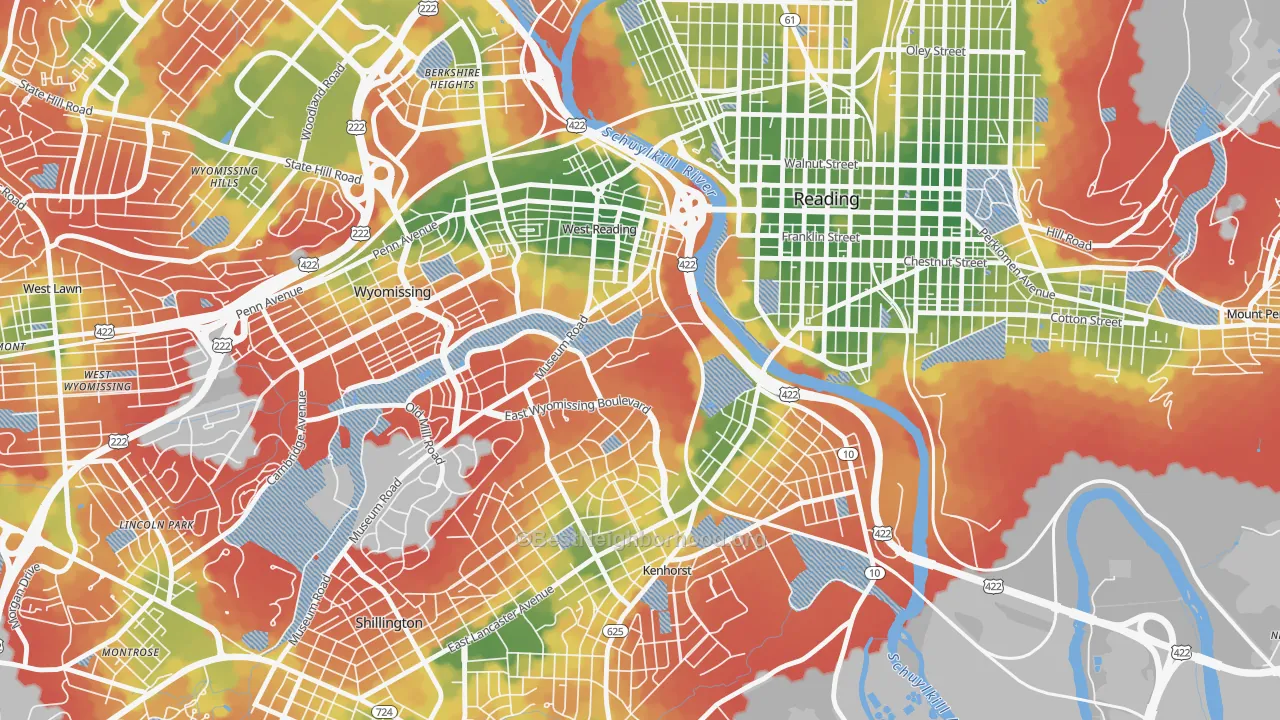 Walk Grade map of 19611, PA, walkable areas in green and car-dependent areas in red