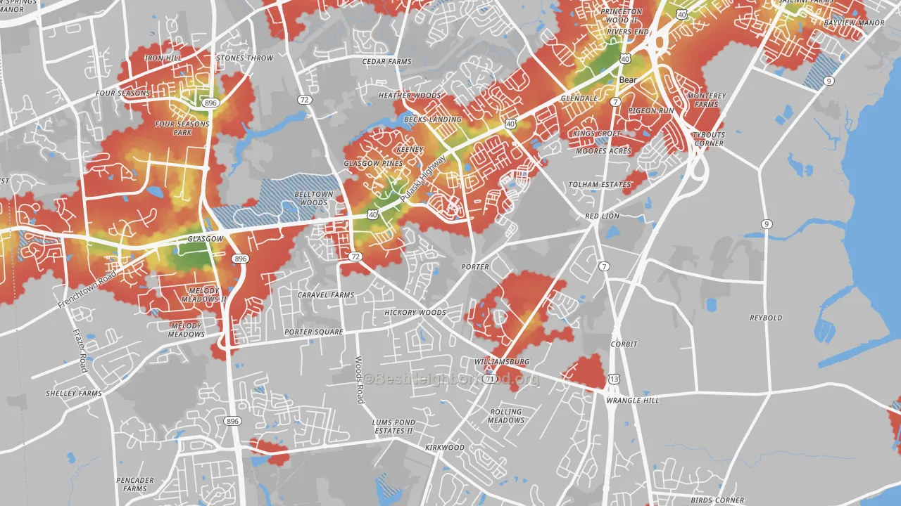 Walk Grade map of 19701, DE, walkable areas in green and car-dependent areas in red