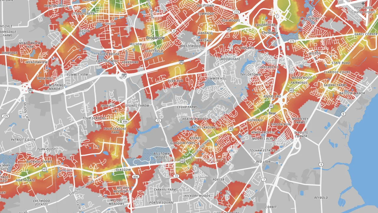 Walk Grade map of 19702, DE, walkable areas in green and car-dependent areas in red