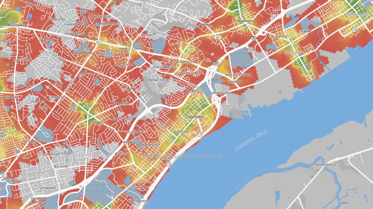 Walk Grade map of 19703, DE, walkable areas in green and car-dependent areas in red