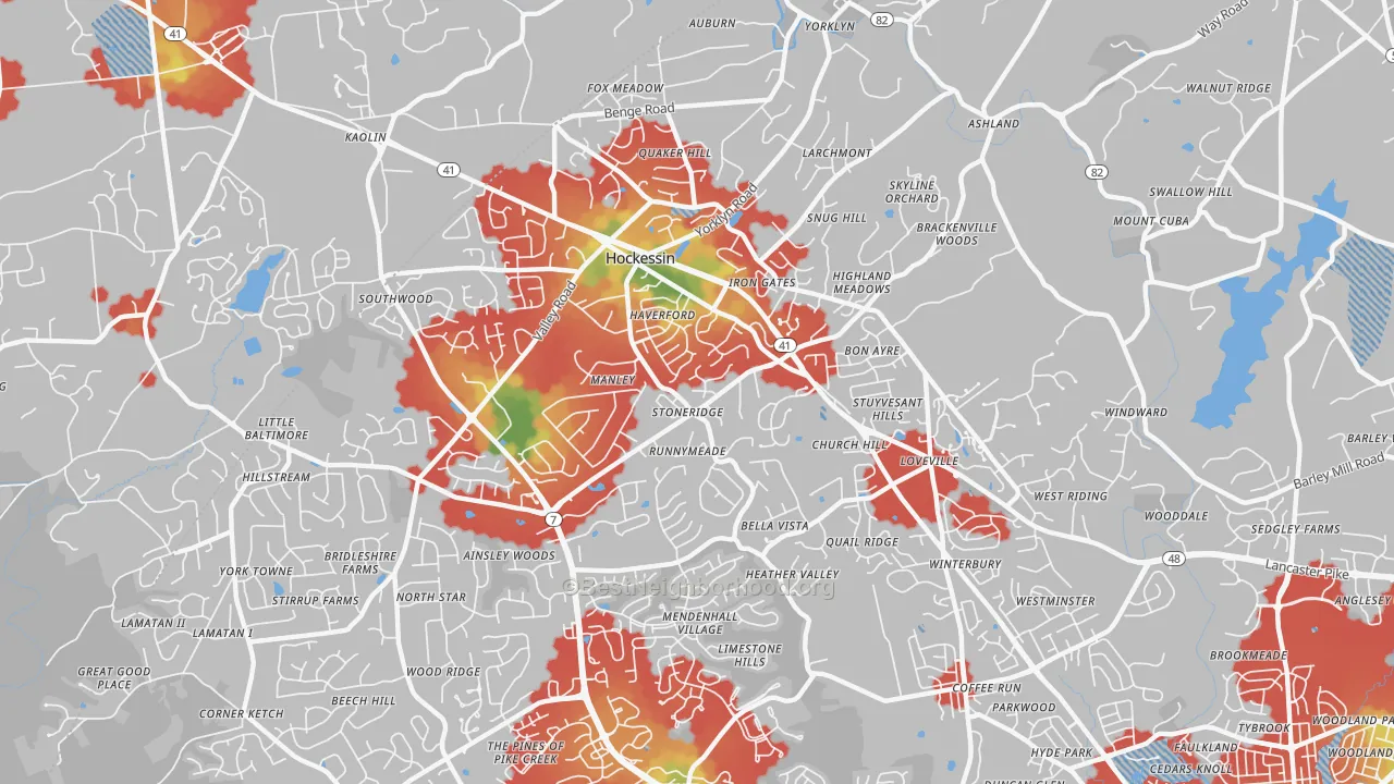 Walk Grade map of 19707, DE, walkable areas in green and car-dependent areas in red