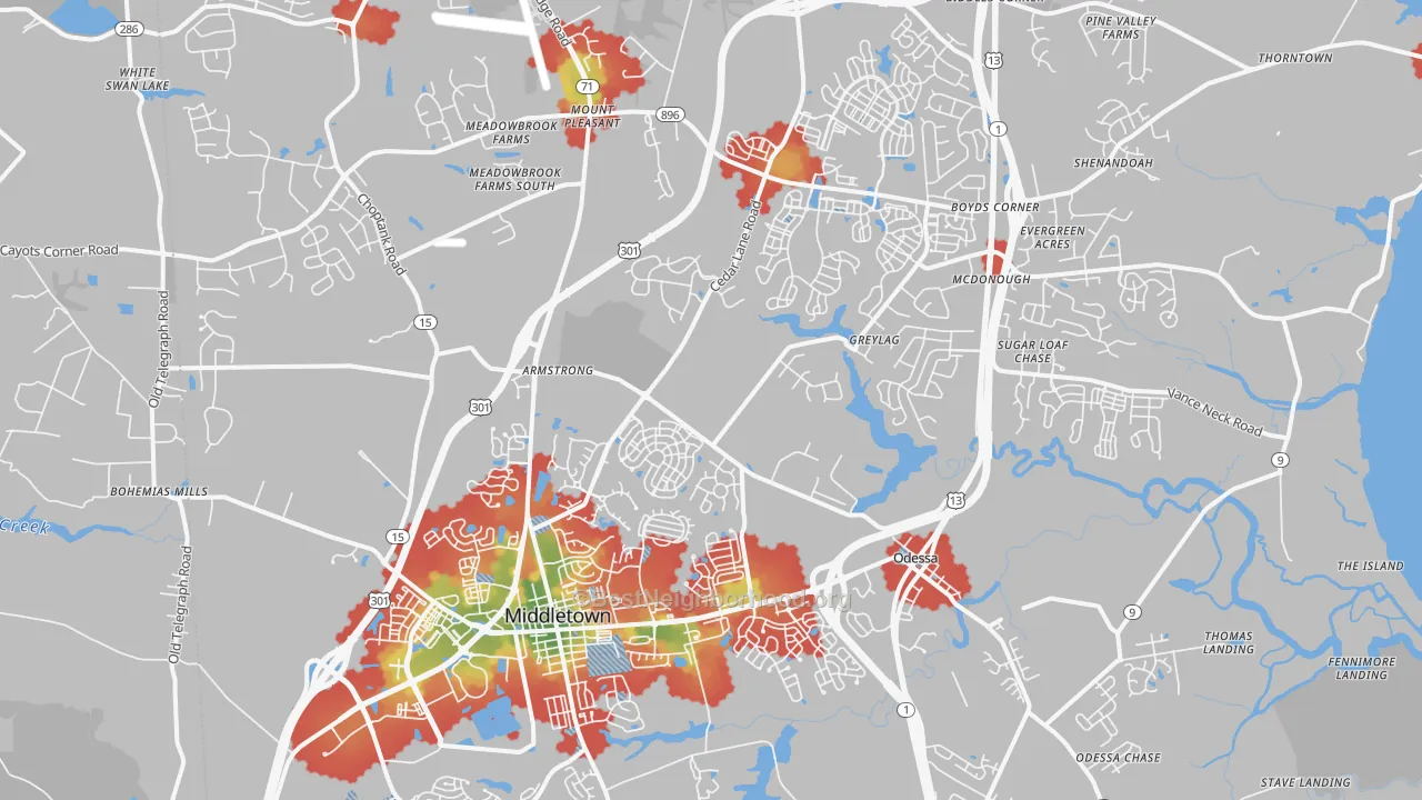 Walk Grade map of 19709, DE, walkable areas in green and car-dependent areas in red