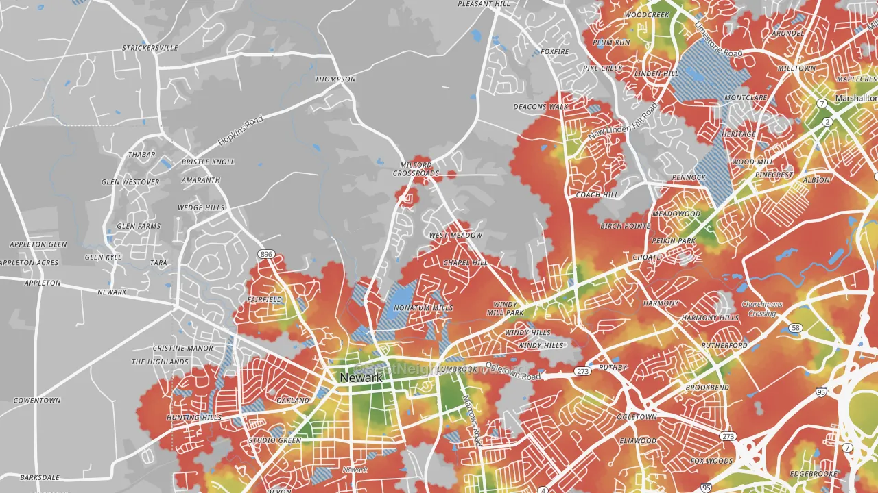Walk Grade map of 19711, DE, walkable areas in green and car-dependent areas in red