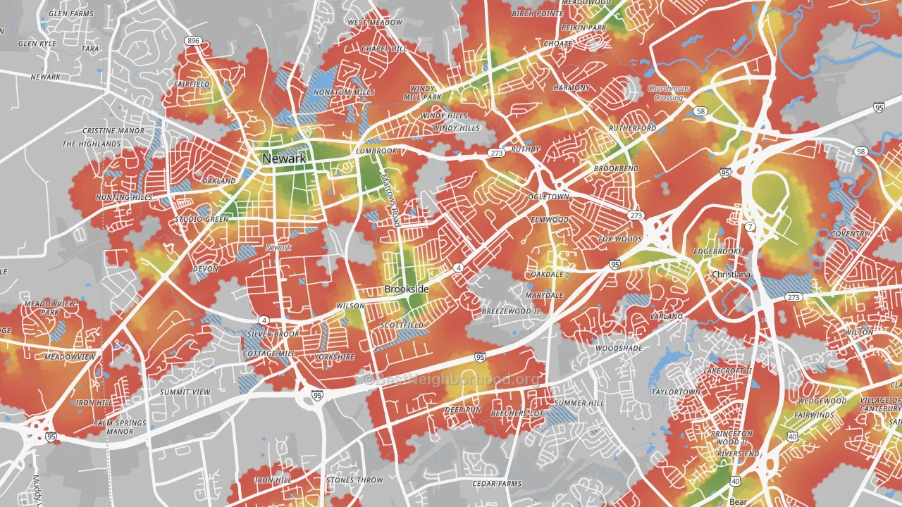 Walk Grade map of 19713, DE, walkable areas in green and car-dependent areas in red