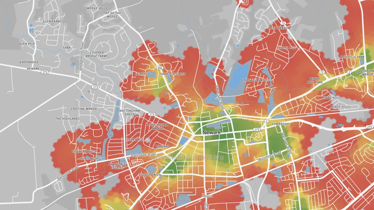Walk Grade map of 19716, DE, walkable areas in green and car-dependent areas in red