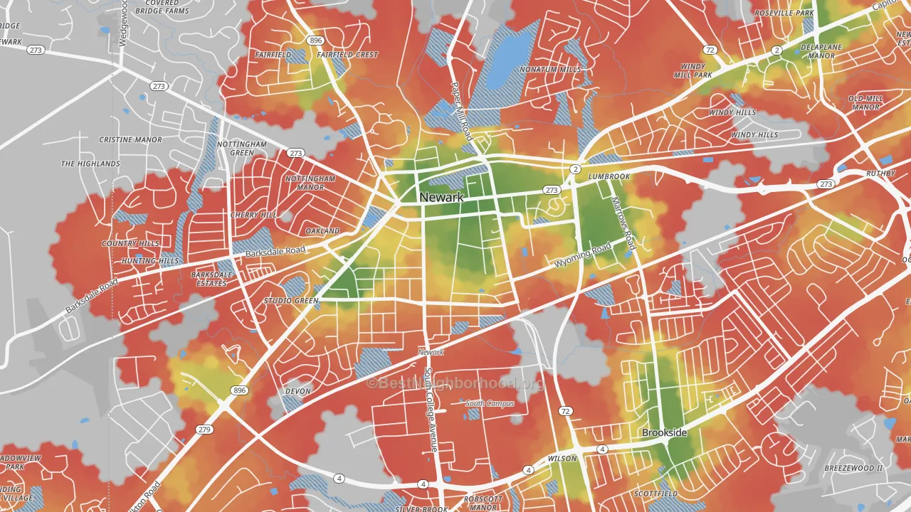 Walk Grade map of 19717, DE, walkable areas in green and car-dependent areas in red