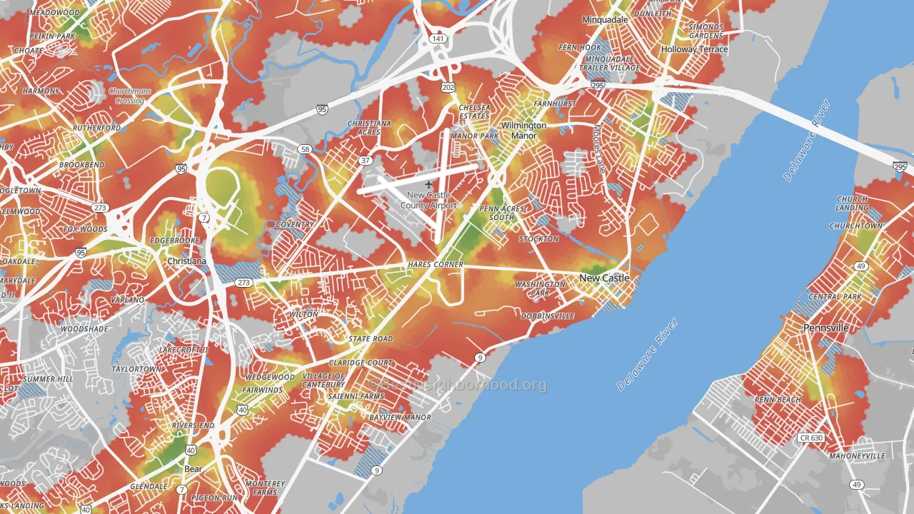 Walk Grade map of 19720, DE, walkable areas in green and car-dependent areas in red