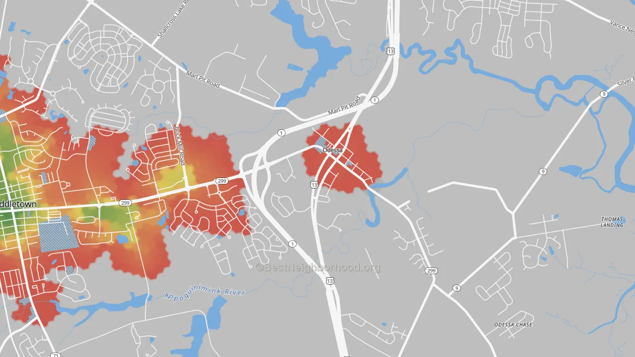 Walk Grade map of 19730, DE, walkable areas in green and car-dependent areas in red