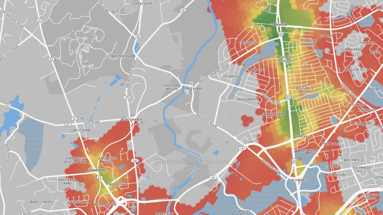 Walk Grade map of 19732, DE, walkable areas in green and car-dependent areas in red