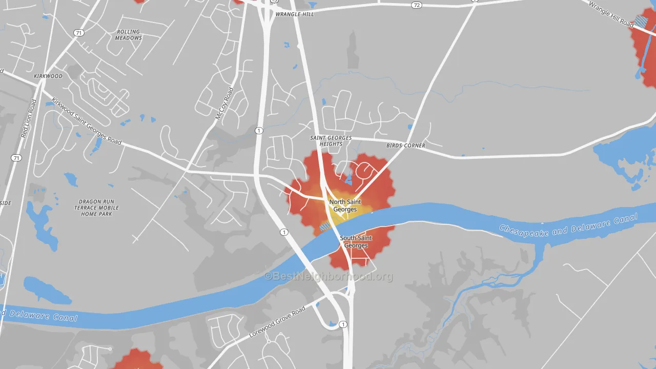 Walk Grade map of 19733, DE, walkable areas in green and car-dependent areas in red