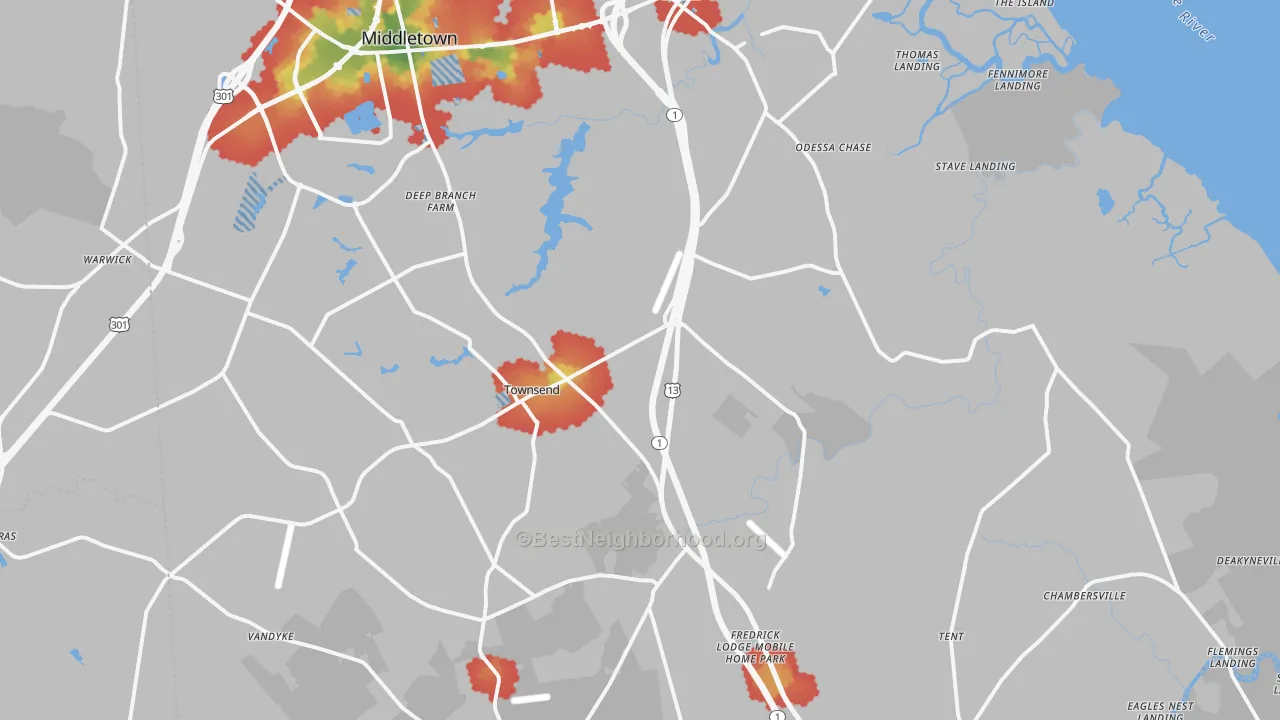 Walk Grade map of 19734, DE, walkable areas in green and car-dependent areas in red