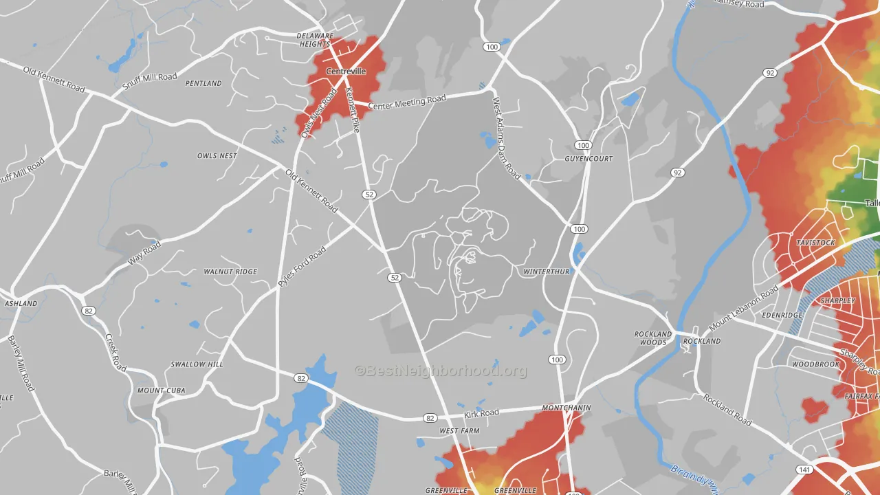 Walk Grade map of 19735, DE, walkable areas in green and car-dependent areas in red