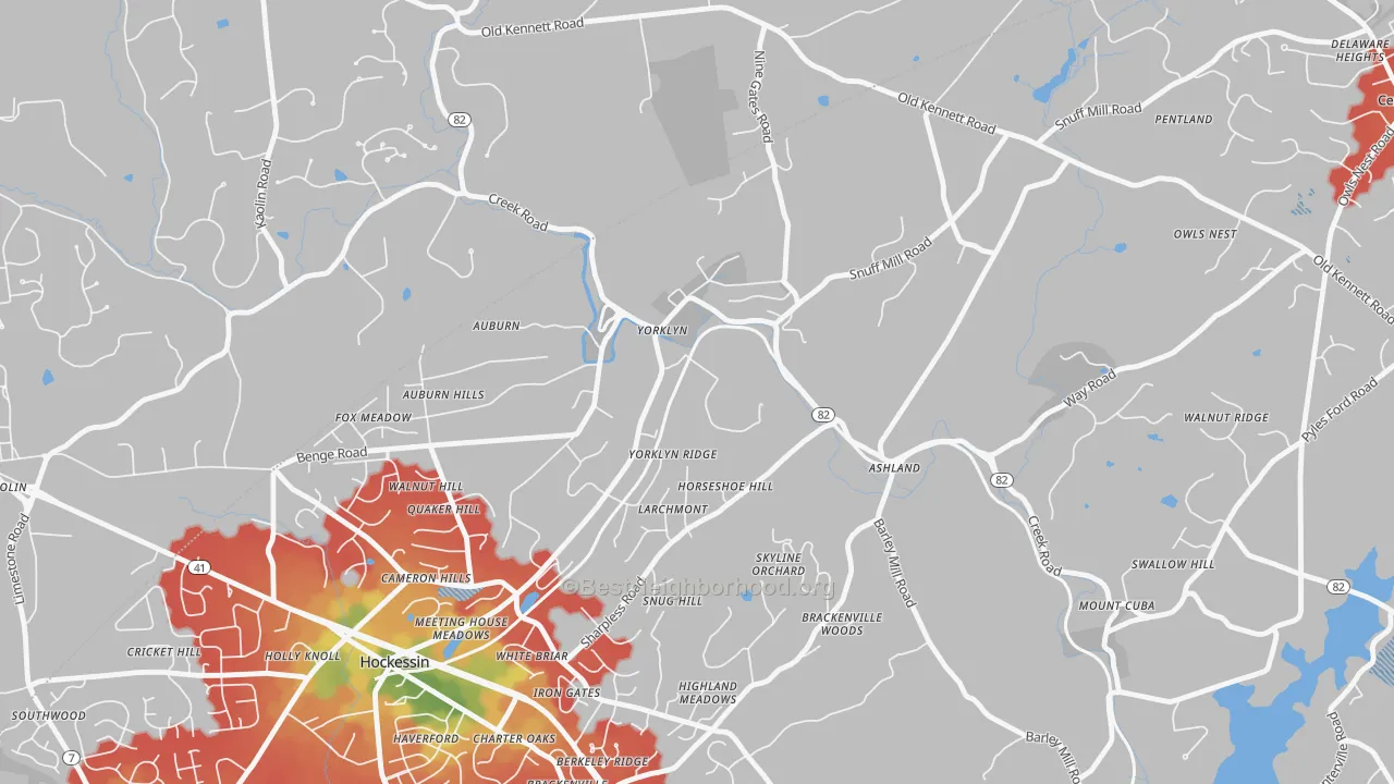 Walk Grade map of 19736, DE, walkable areas in green and car-dependent areas in red