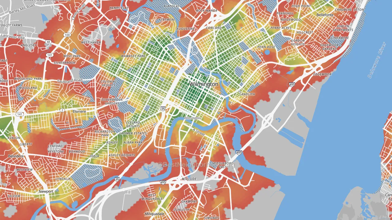 Walk Grade map of 19801, DE, walkable areas in green and car-dependent areas in red
