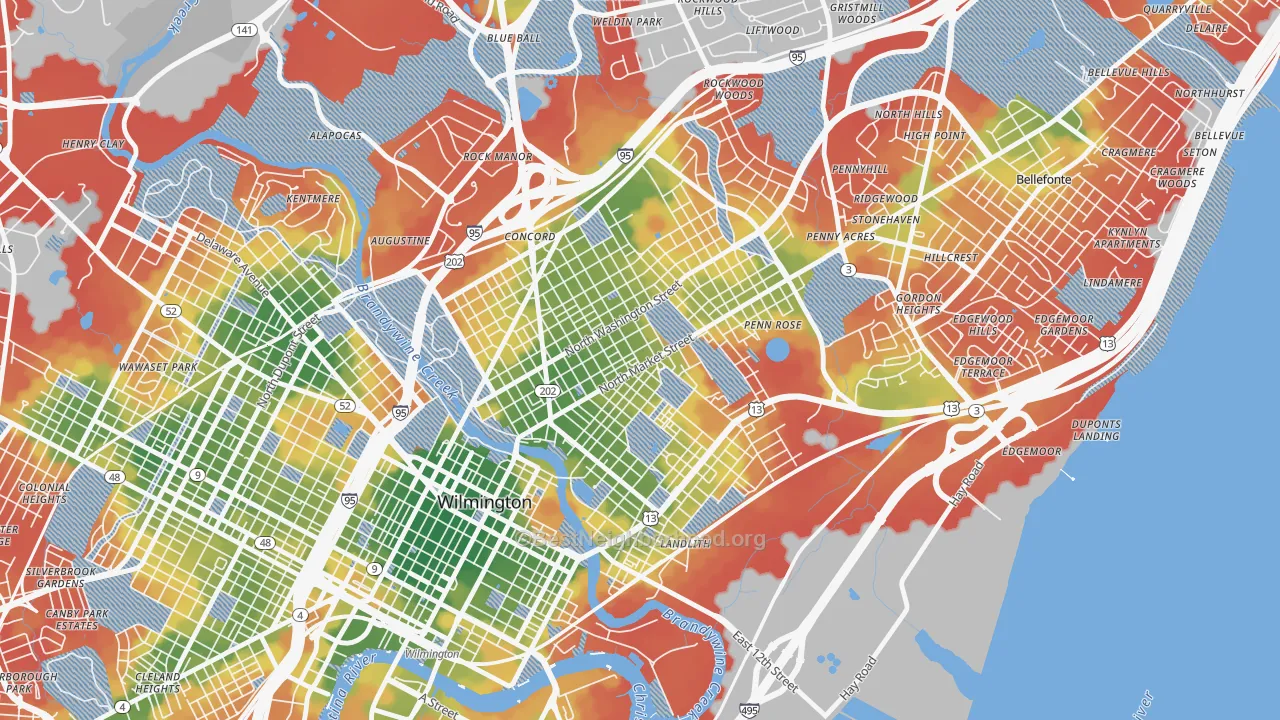 Walk Grade map of 19802, DE, walkable areas in green and car-dependent areas in red