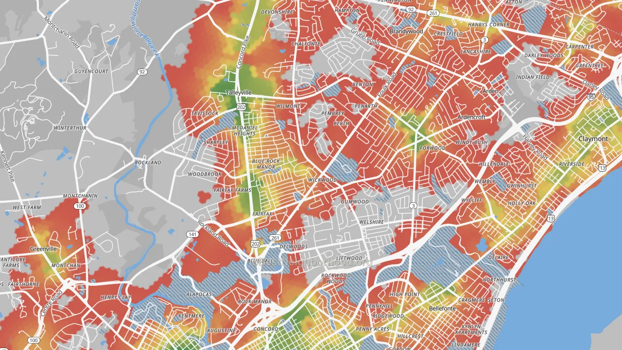 Walk Grade map of 19803, DE, walkable areas in green and car-dependent areas in red