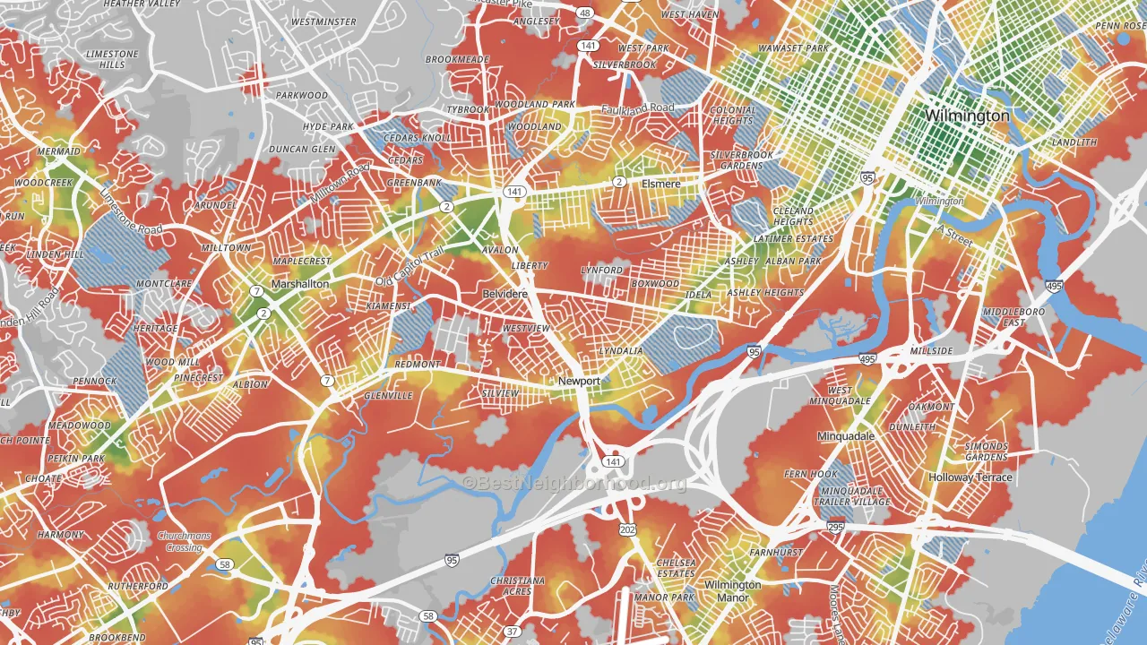 Walk Grade map of 19804, DE, walkable areas in green and car-dependent areas in red