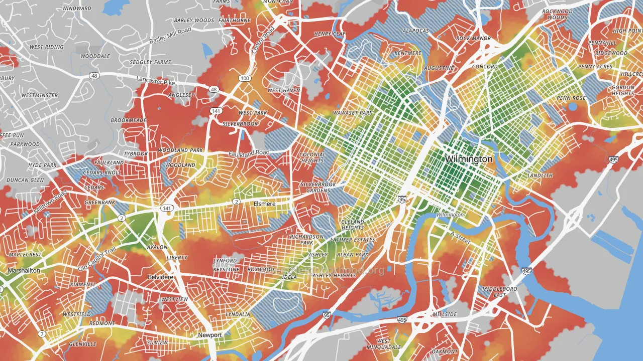 Walk Grade map of 19805, DE, walkable areas in green and car-dependent areas in red