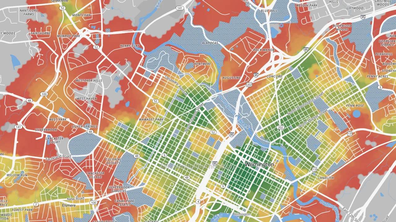 Walk Grade map of 19806, DE, walkable areas in green and car-dependent areas in red
