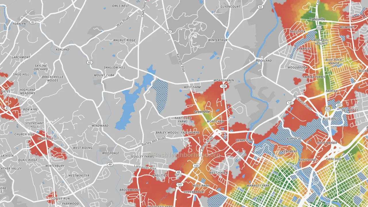 Walk Grade map of 19807, DE, walkable areas in green and car-dependent areas in red
