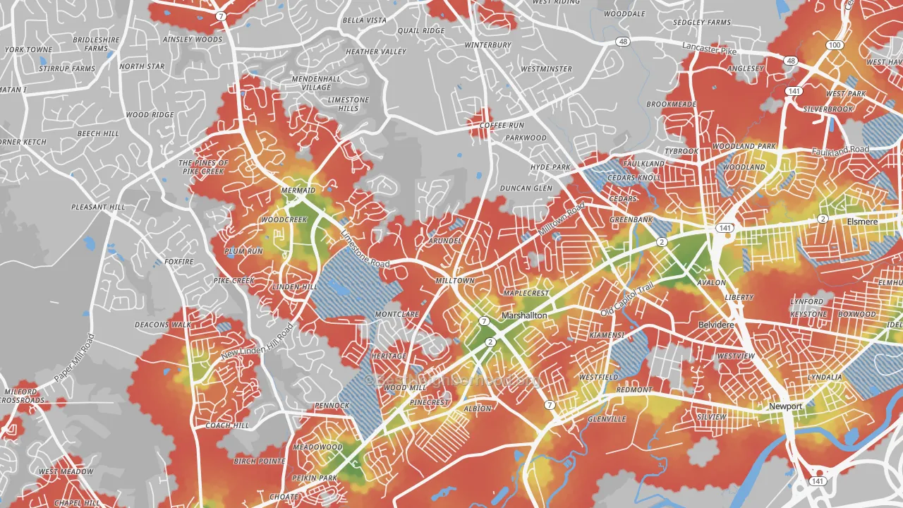 Walk Grade map of 19808, DE, walkable areas in green and car-dependent areas in red