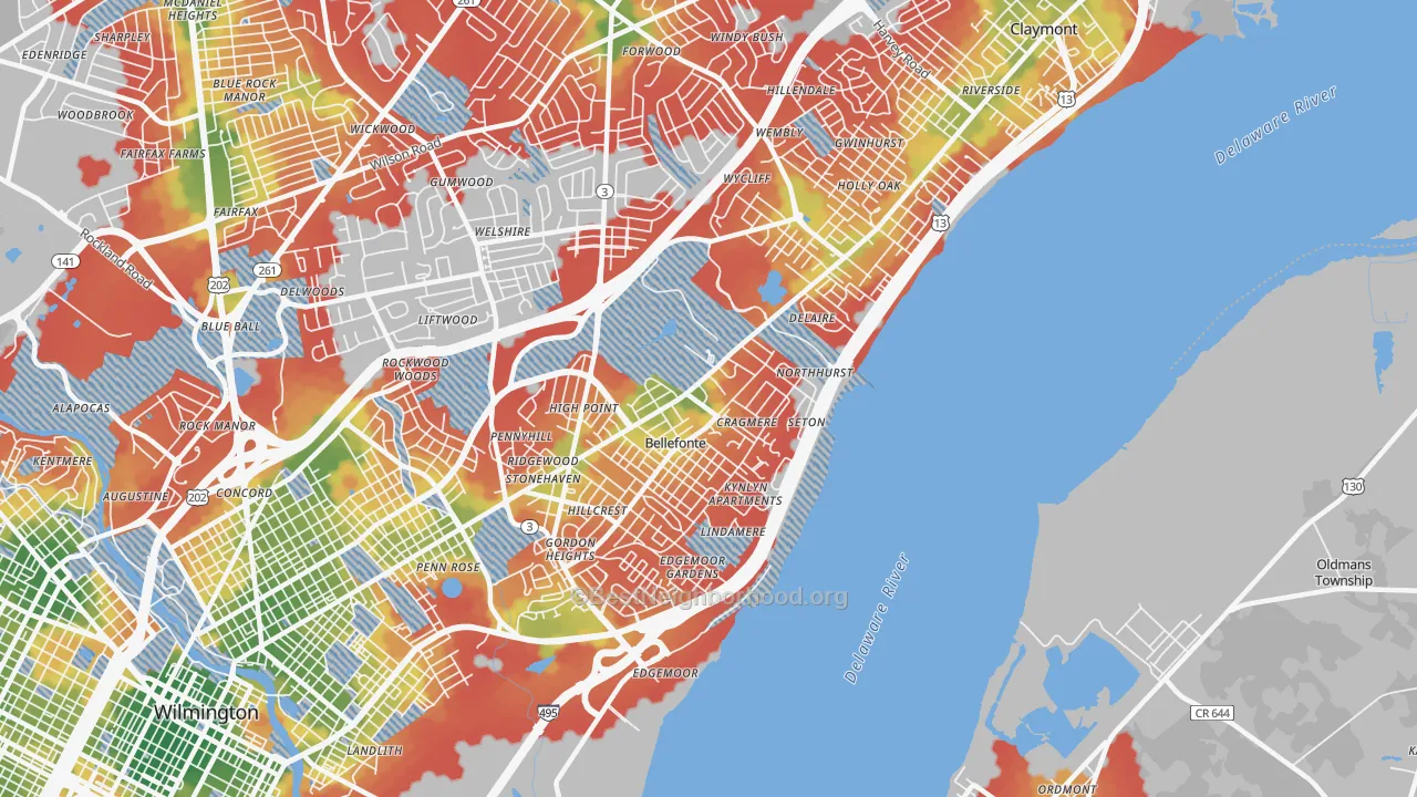 Walk Grade map of 19809, DE, walkable areas in green and car-dependent areas in red