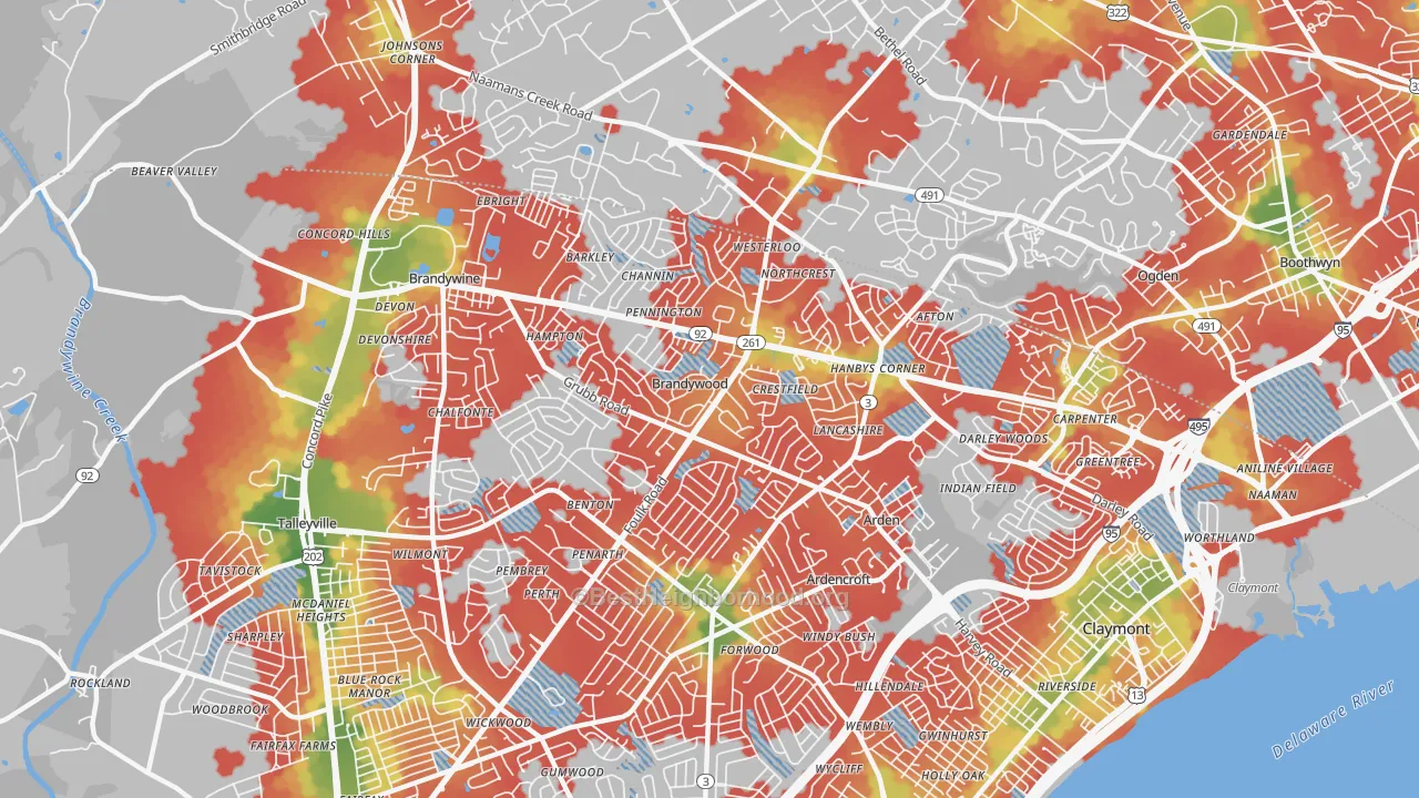 Walk Grade map of 19810, DE, walkable areas in green and car-dependent areas in red
