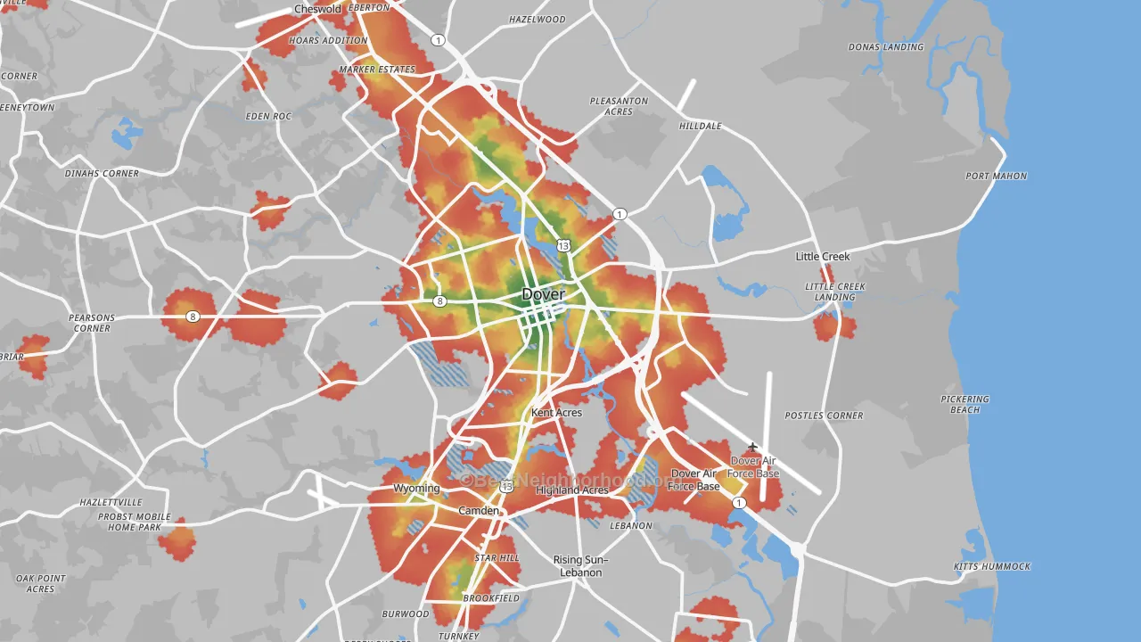 Walk Grade map of 19901, DE, walkable areas in green and car-dependent areas in red
