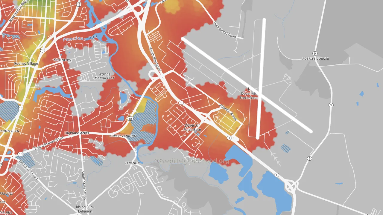 Walk Grade map of 19902, DE, walkable areas in green and car-dependent areas in red