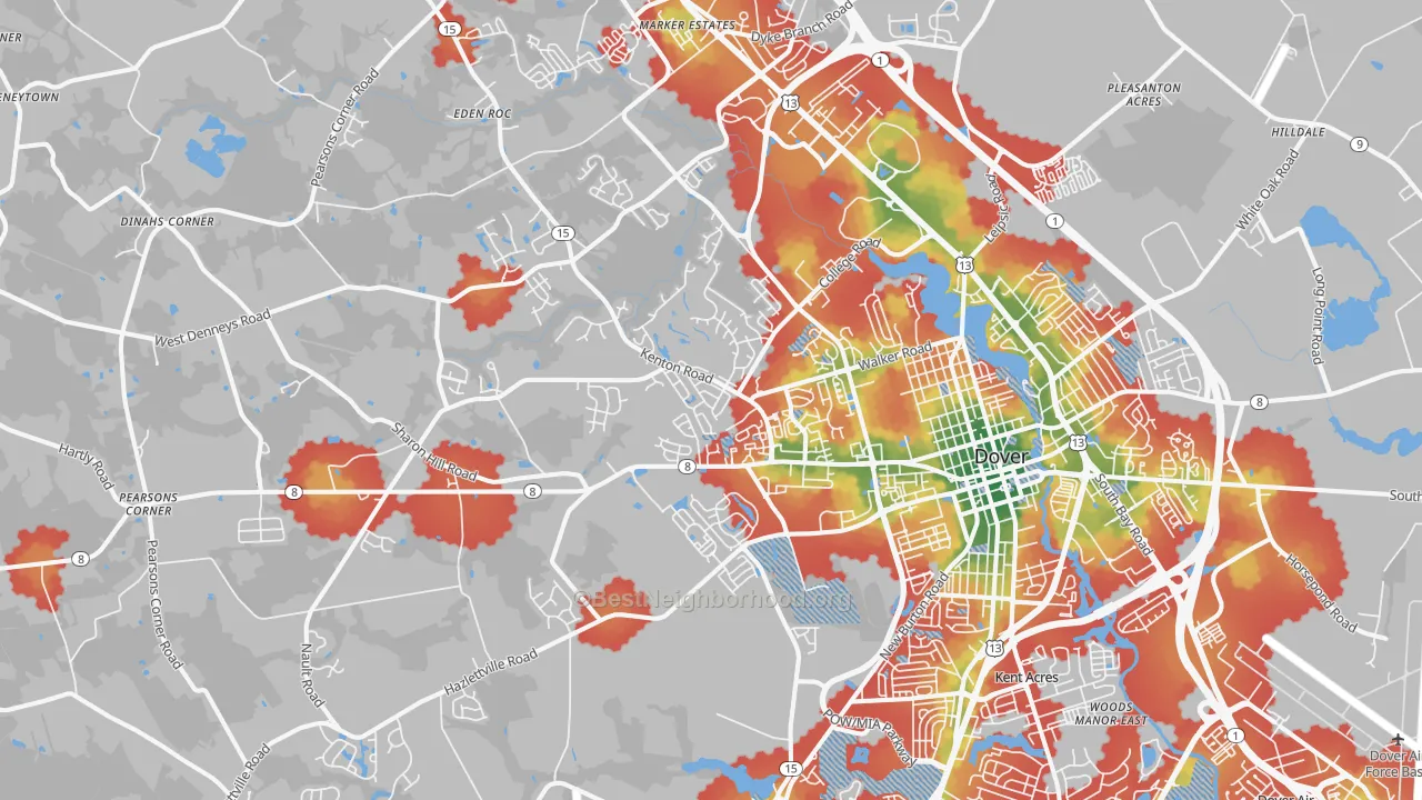 Walk Grade map of 19904, DE, walkable areas in green and car-dependent areas in red