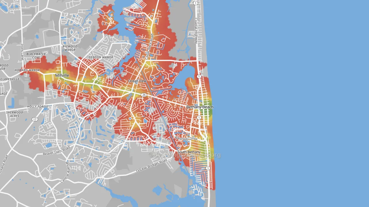 Walk Grade map of 19930, DE, walkable areas in green and car-dependent areas in red