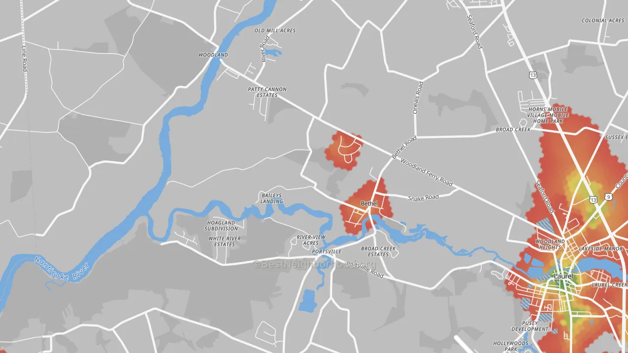 Walk Grade map of 19931, DE, walkable areas in green and car-dependent areas in red