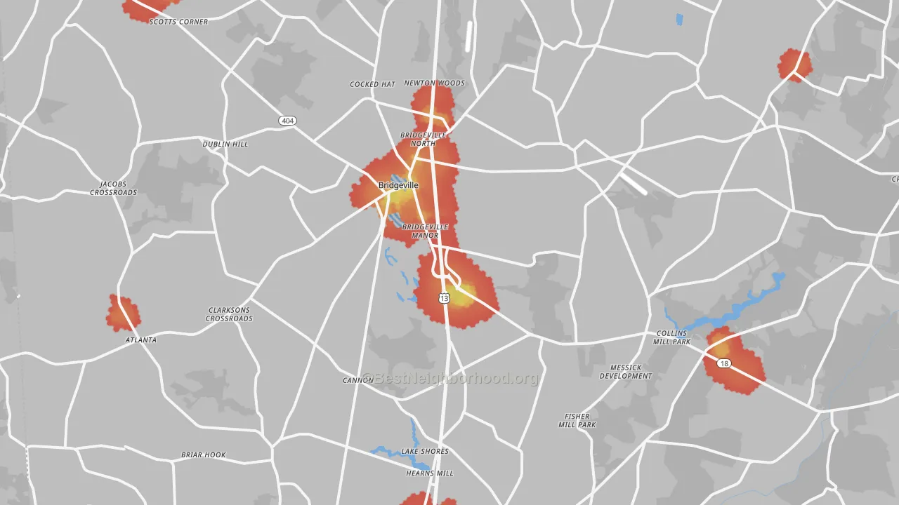 Walk Grade map of 19933, DE, walkable areas in green and car-dependent areas in red