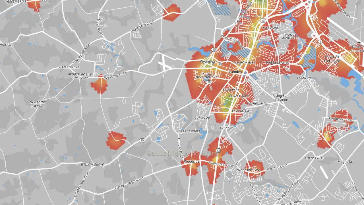Walk Grade map of 19934, DE, walkable areas in green and car-dependent areas in red