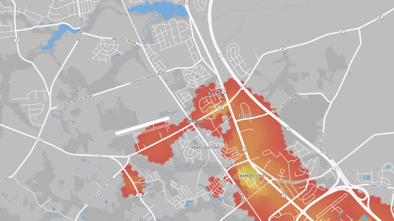 Walk Grade map of 19936, DE, walkable areas in green and car-dependent areas in red