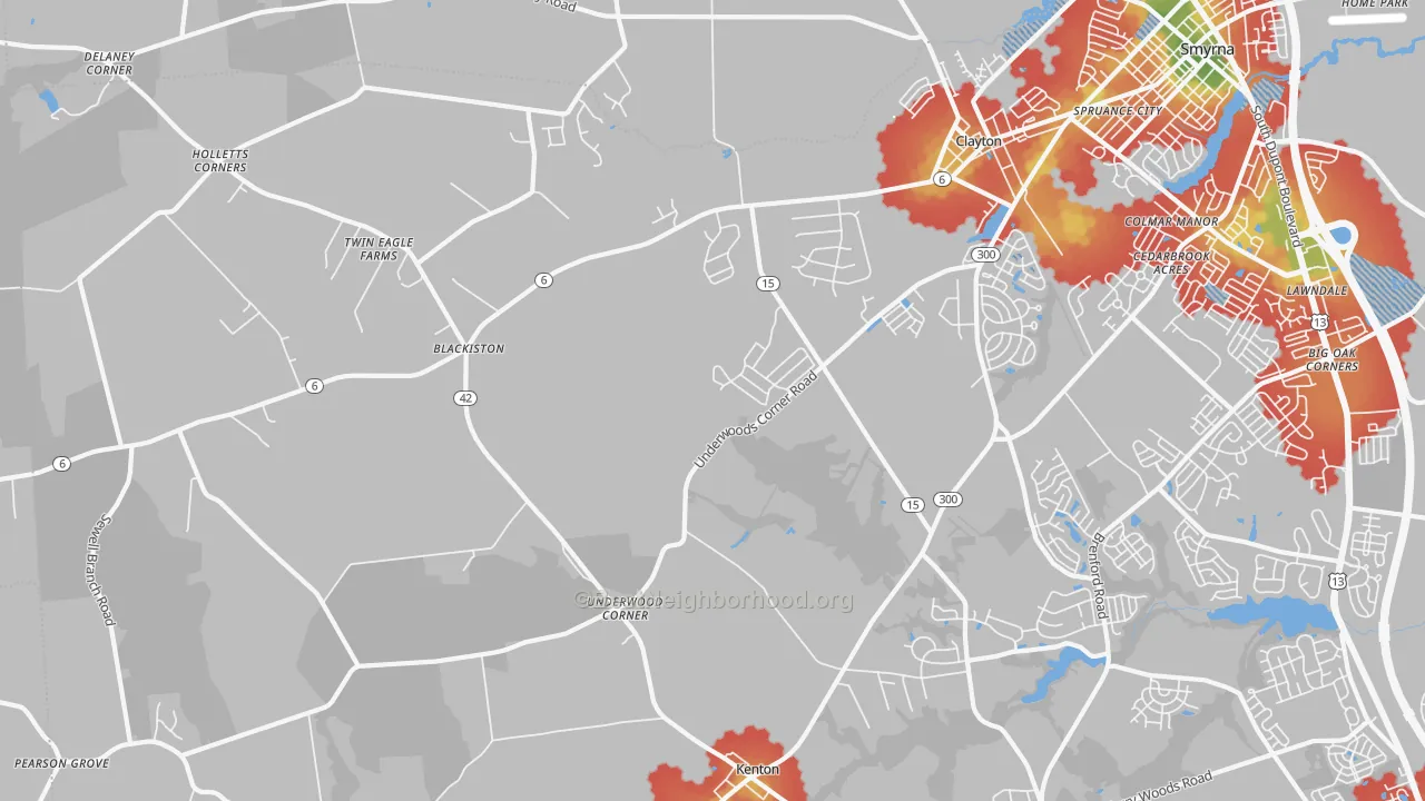 Walk Grade map of 19938, DE, walkable areas in green and car-dependent areas in red