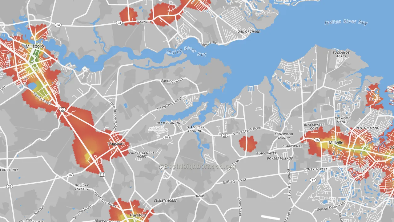 Walk Grade map of 19939, DE, walkable areas in green and car-dependent areas in red