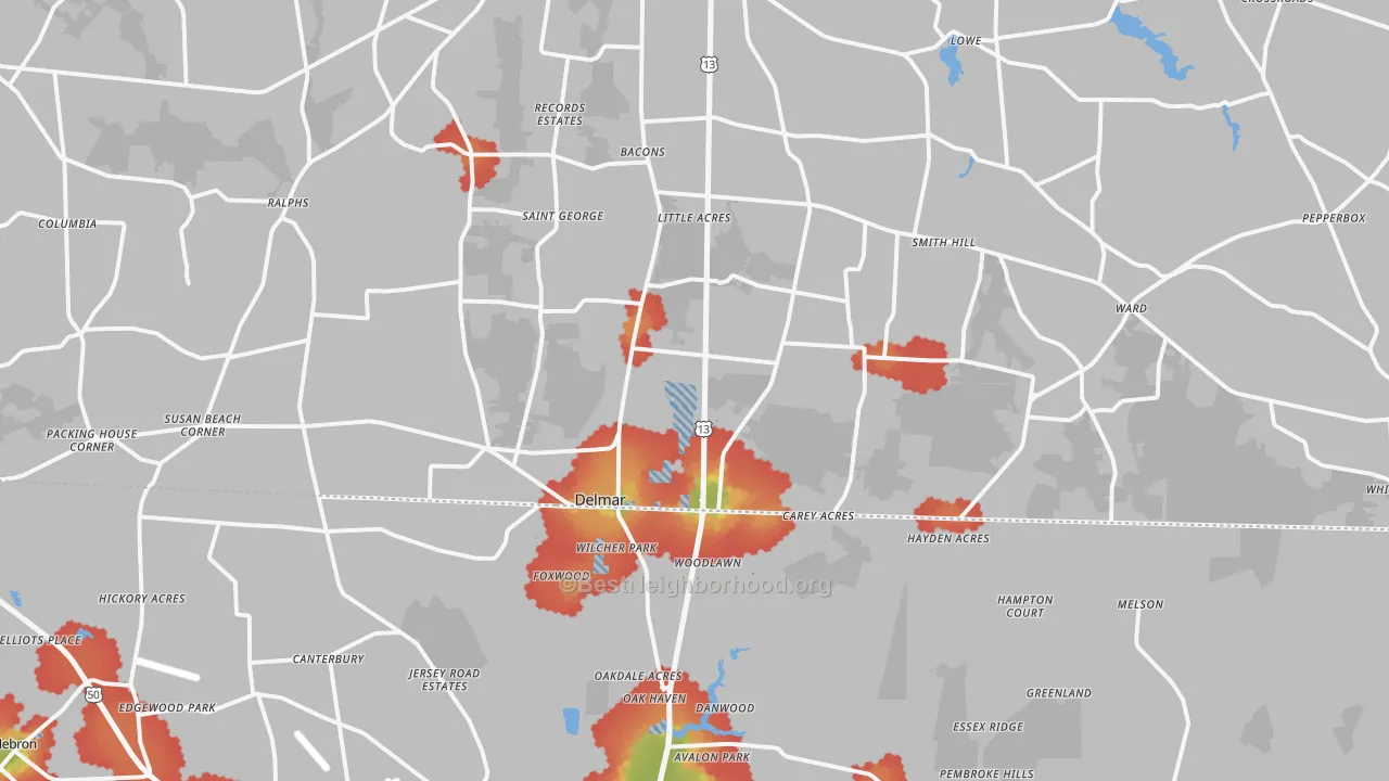 Walk Grade map of 19940, DE, walkable areas in green and car-dependent areas in red