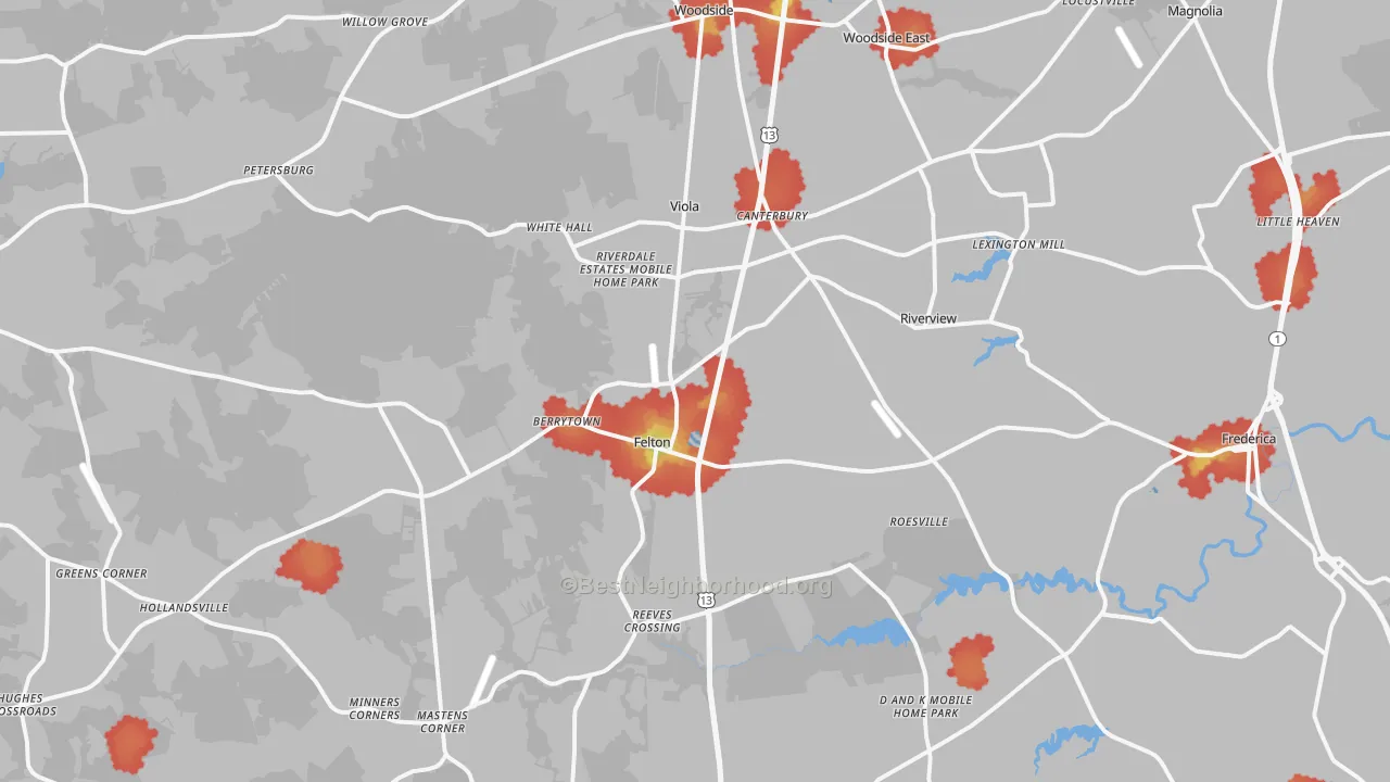 Walk Grade map of 19943, DE, walkable areas in green and car-dependent areas in red