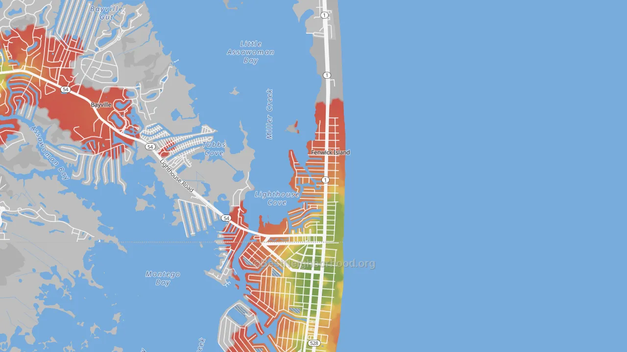 Walk Grade map of 19944, DE, walkable areas in green and car-dependent areas in red
