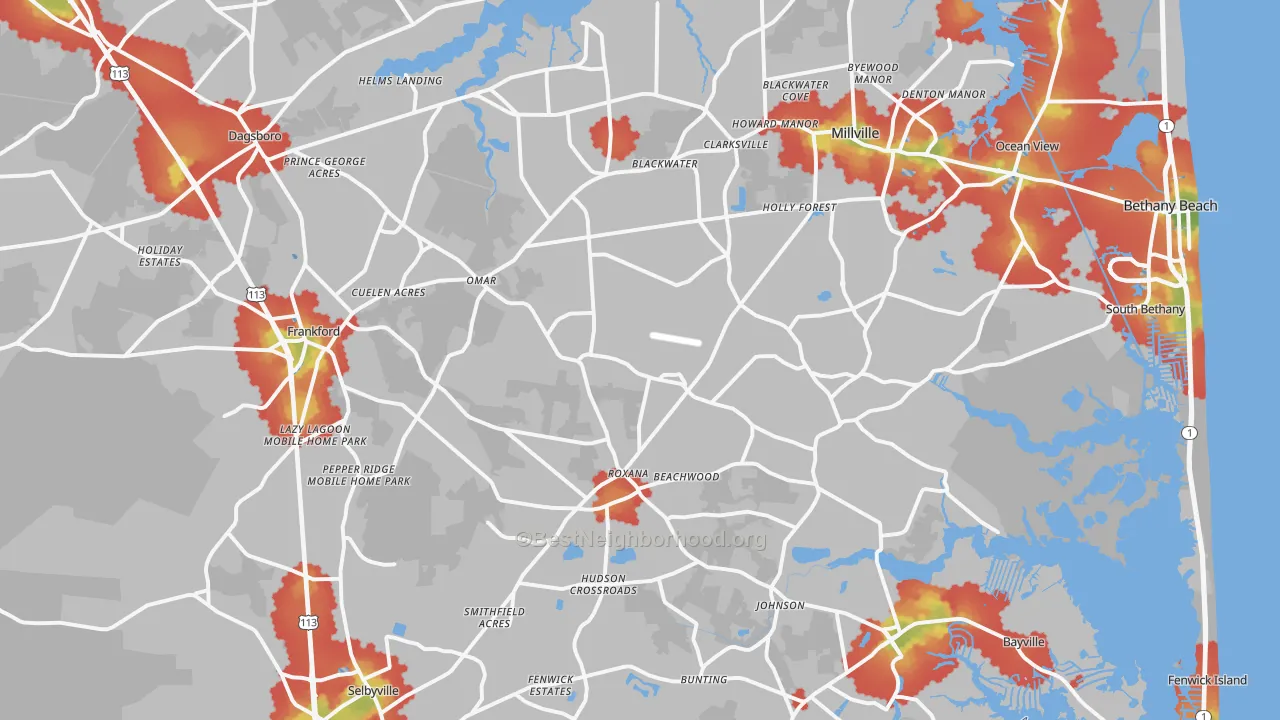 Walk Grade map of 19945, DE, walkable areas in green and car-dependent areas in red