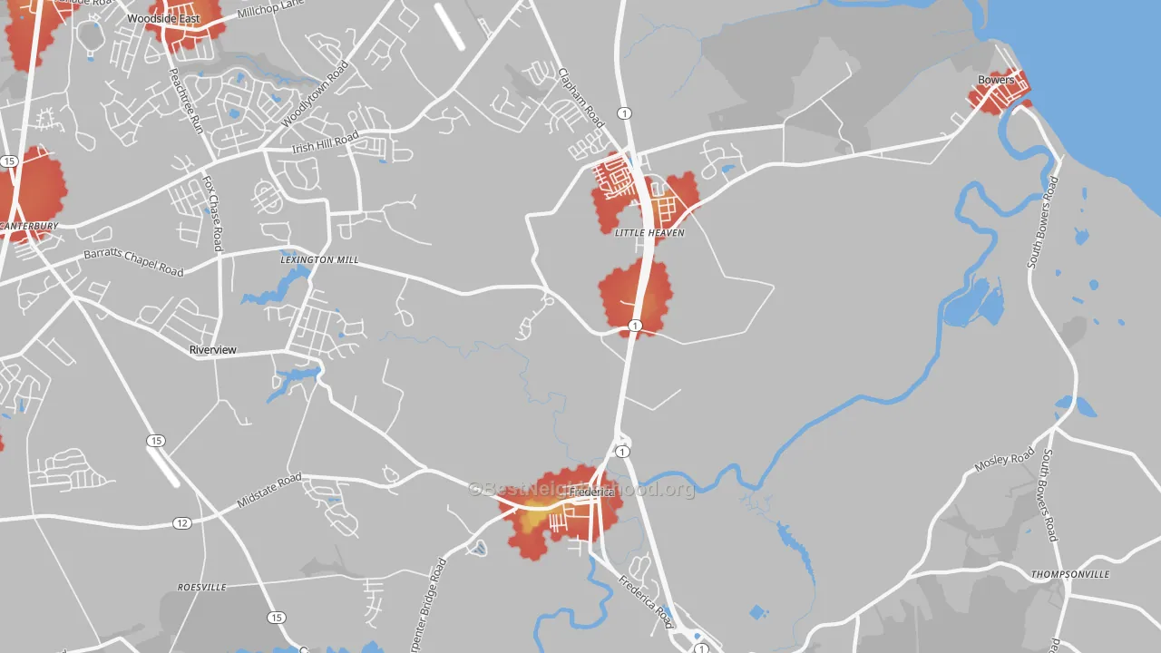 Walk Grade map of 19946, DE, walkable areas in green and car-dependent areas in red