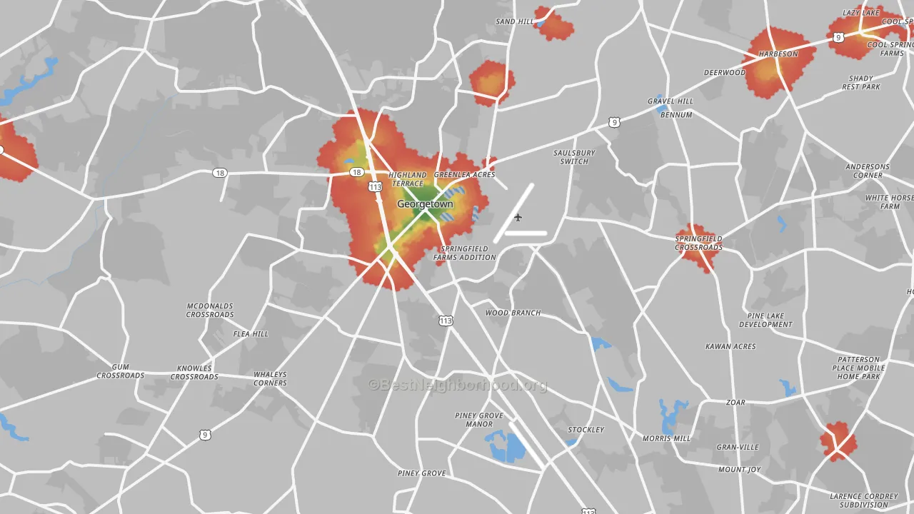 Walk Grade map of 19947, DE, walkable areas in green and car-dependent areas in red