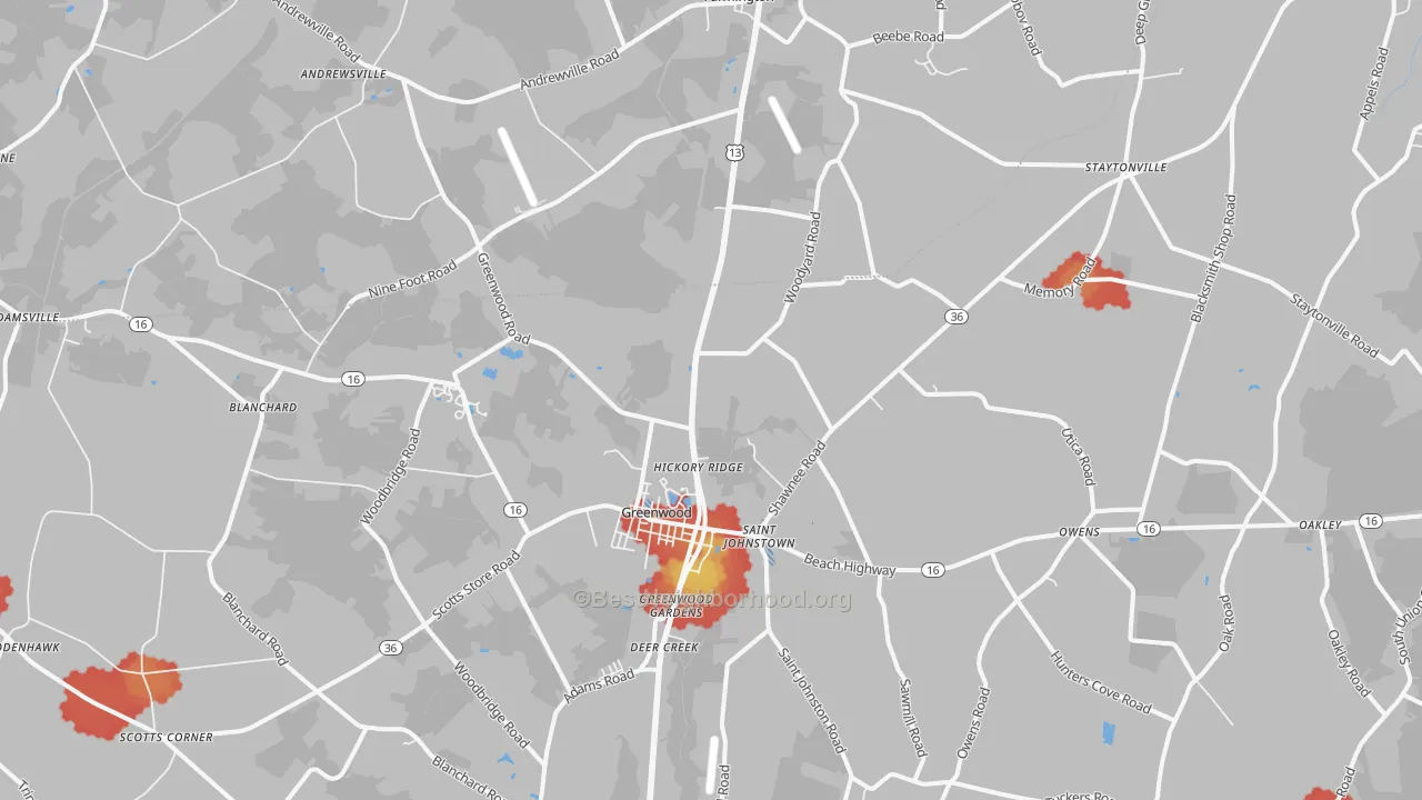 Walk Grade map of 19950, DE, walkable areas in green and car-dependent areas in red