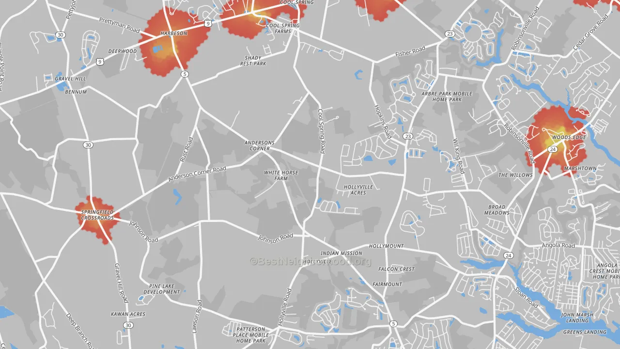 Walk Grade map of 19951, DE, walkable areas in green and car-dependent areas in red