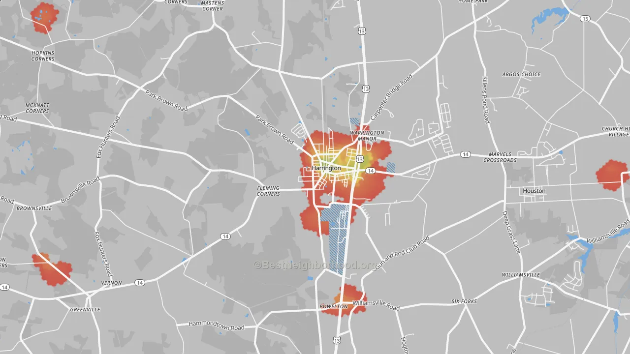 Walk Grade map of 19952, DE, walkable areas in green and car-dependent areas in red