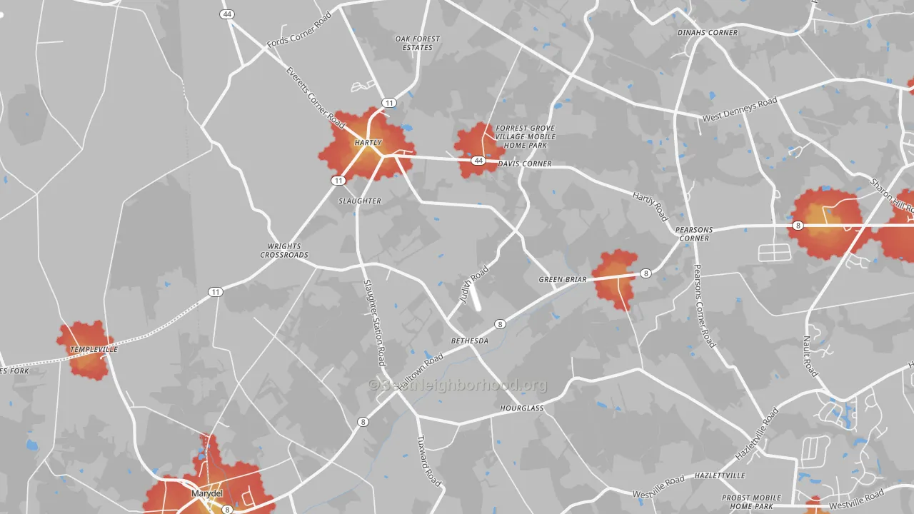 Walk Grade map of 19953, DE, walkable areas in green and car-dependent areas in red