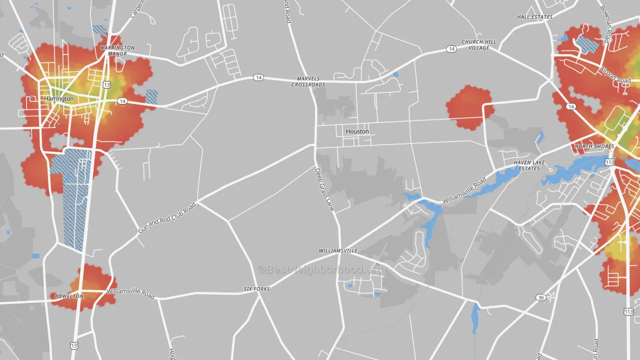 Walk Grade map of 19954, DE, walkable areas in green and car-dependent areas in red