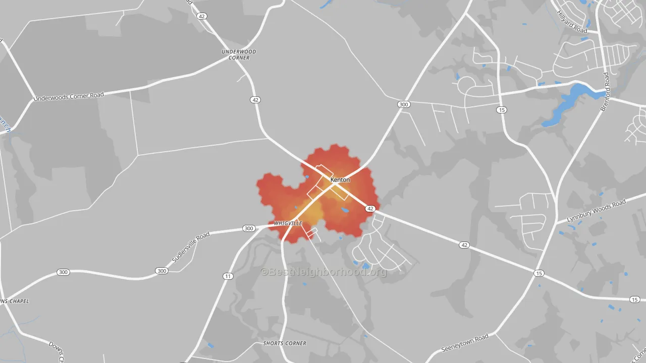 Walk Grade map of 19955, DE, walkable areas in green and car-dependent areas in red